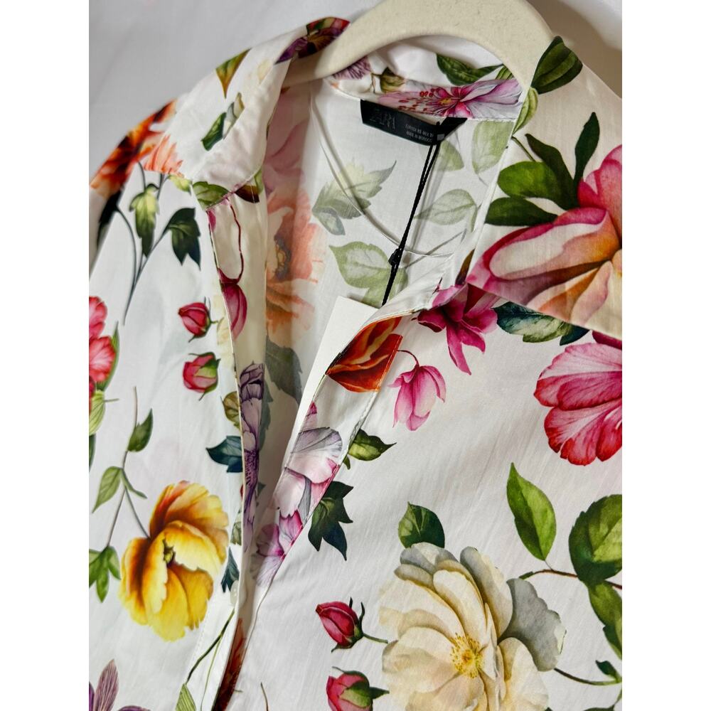 NWT Zara floral-print cropped boxy oversized short sleeves white shirt sz. XS - Picture 7 of 9